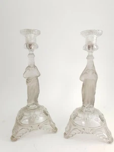 Pair of Belgian Vintage Glass Candlesticks Candleholders Sacred Heart Religious - Picture 1 of 10