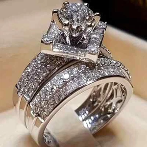 2 Pcs Luxury Silvery Shiny Rhinestone Zircon Wedding Ring Jewelry Women Gift New - Picture 1 of 5