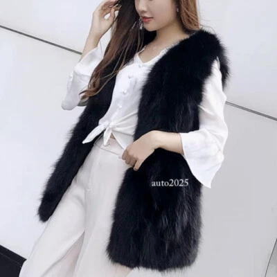 Fur Vest Women's Mid Long New Real Fox Fur Slim Fashion Gilet Waistcoats Jackets - Image 1 of 4