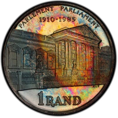 PR66DCAM 1985 South Africa Silver Proof Rand, PCGS Trueview- Rainbow Toned - Image 1 of 4