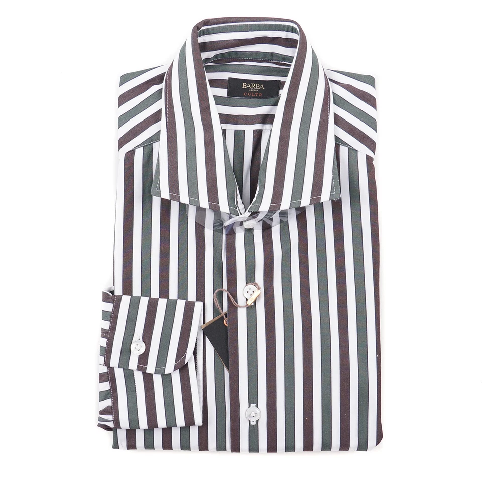 Barba Napoli Brown and Green Bold Striped Cotton Dress Shirt 15.75 (Eu 40) NWT - Image 1 of 4