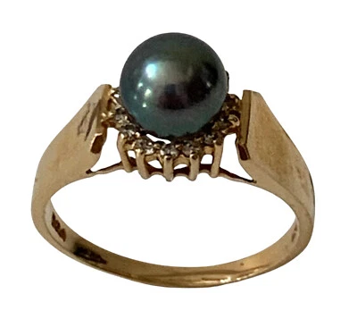 Anillo solitario de diamantes y perlas de pavo real negro 14k de colección hecho a mano EE. UU. talla 6,25 Foto 1 de 4