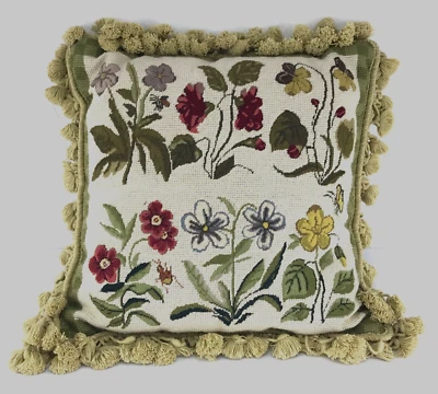 Wool Needlepoint Throw Pillow Flowers Butterfly and Bees 16x16 Cushion Handmade - Image 1 of 4