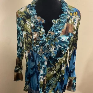 Sunny Leigh Women’s Blue Brown Green Ruffled Long Sleeve Blouse Size XL - Picture 1 of 14