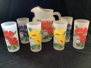 Vintage Federal Glass - Pitcher + 6 tumblers - frosted - floral - Picture 1 of 13