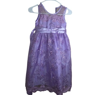 Vintage 90s Girls Size 5 / 6 Party Dress Bow USA Purple Lavender Lace Sequin - Image 1 of 4