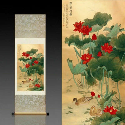 Chinese silk scroll painting mandarin duck and red lotus home decoration crafts - Image 1 of 2