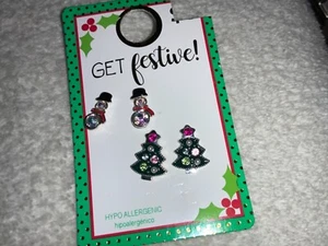 Snowman and Christmas Tree Earrings- 2 pairs - Picture 1 of 5