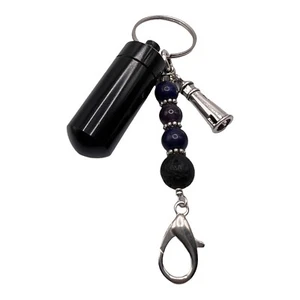 Unikat!! Schlüsselanhänger (oder Ausweishalter) mit schwarzer Pillendose, Lavaperle & Leuchtturm - Bild 1 von 5