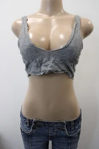 Aerie Womens Gray Lace & Ribbed Crop Top Wide V-Neckline Cotton Blend Size S - Picture 1 of 7
