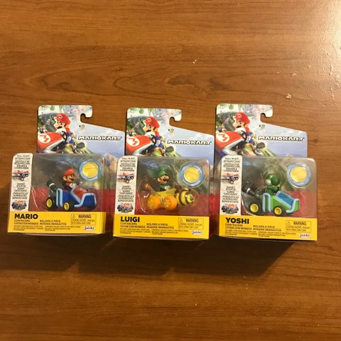 Lot of 3! Mario, Luigi & Yoshi Nintendo Mario Kart Pull-n-Go Coin Racers, New Cover
