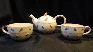 Tea Set For 2 TEAPOT Lid 2 cups FRIENDSHIP IS A BLESSING Christian Book Dist - Picture 1 of 9