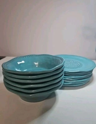 Melamina MULINO MEDALLÓN Lote JUEGO TURQUESA DE 6 Cuencos y 8 Platos de Melamina Foto 1 de 3