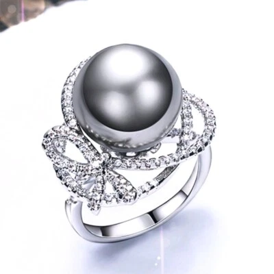 Thick 18K White Gold GF Made With SWAROVSKI Pearl Crossover Bow knot Halo Ring Foto 1 de 4