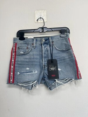 Pantalón Corto Levis Premium 501 Rojo/Plateado Rayas Logo Cintura Alta Dobladillo Crudo 26 Foto 1 de 4