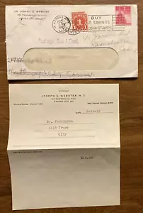 De colección 1943 Doctor Dr Joseph G. Webster M.D. Bill médico Kansas City Missouri P5c - Imagen 1 de 18