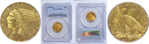 1914-D $5 Gold Coin PCGS MS-63 Cover