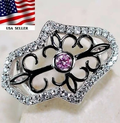 Anillo de plata de ley 925 con zafiro rosa tratado Fleur De Lis de 1 quilates talla 8 I2-6 Foto 1 de 2