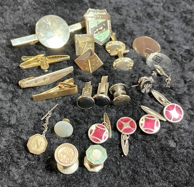Vintage Lot 24 Tie Tack Pin Tack Cuff Links Gold Silver Tone Button Red Enamel - Image 1 of 4