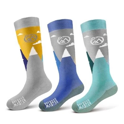  Calcetines de esquí de lana merino para pequeños gris polvo, montañas azules, verde bosque Foto 1 de 4