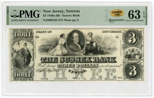 1800's $3 The Sussex Bank - Newton, NEW JERSEY Note PMG CU 63 EPQ - Picture 1 of 2