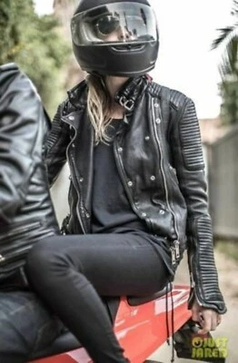 Authentic New Women's Black Leather Jacket 100% Real Stylish MotoBikerCoatJacket - Image 1 of 4