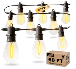 60FT LED Outdoor String Lights with 17 Edison Shatterproof IP65 Waterproof Bulbs - Picture 1 of 7