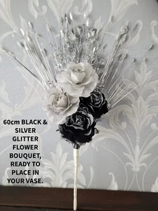 BLACK & SILVER GLITTER FLOWER BOUQUET, NO VASE, HANDMADE ARTIFICIAL SILK, 60cm - Picture 1 of 6