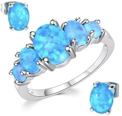 Precioso conjunto de pendientes de cinco piedras de ópalo de fuego azul relleno 925SS talla 9,5 y 925SS Foto 1 de 4