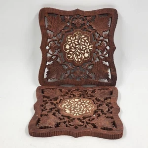 2 remaches de madera tallados a mano 8" incrustaciones de oro diseño de hojas florales lados desplazados India - Imagen 1 de 14