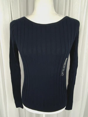 Uniqlo Women's Sz M Navy Blue Ribbed Knit Slim Fit Cotton Cashmere Sweater New - Image 1 of 4