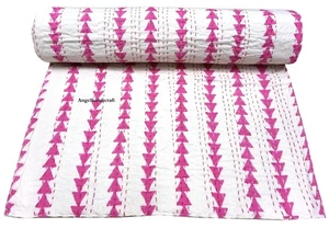 Reversible Indian Cotton Kantha Throw, Hand Block Print Sofa Coverlet/Throw, - Picture 1 of 9