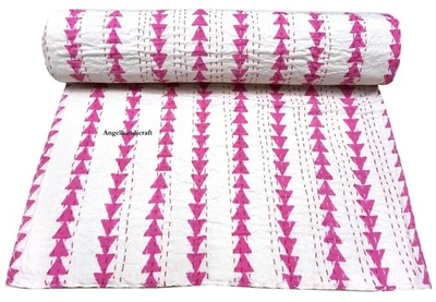 Reversible Indian Cotton Kantha Throw, Hand Block Print Sofa Coverlet/Throw, - Image 1 of 4
