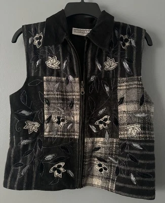 Chaleco De Colección Dressbarn Lana Cuero Mujer S Bordado Frontal A Cuadros Espalda Cottagecore Foto 1 de 4