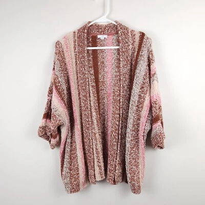 J Jill Sweater Women Medium Pink Brow Striped Cotton Acrylic Cardigan 3/4 Sleeve - Image 1 of 4