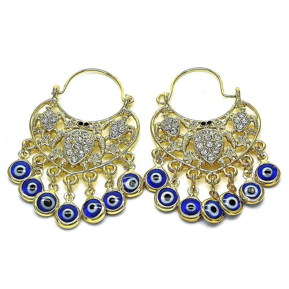 14K GOLD PLATED LONG EARRING ELEPHANT & EVIL EYE DANGLES W/ WHITE CRYSTAL M682 - Image 1 of 1