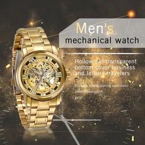 Men's Luxury Gold Tone Stainless Steel Skeleton Automatic Mechanical Wrist Watch - Picture 1 of 13