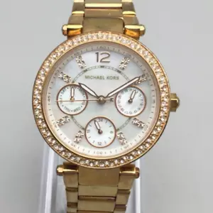 Michael Kors Parker Watch Women Gold Tone MK5616 MOP Day Date New Battery 6" - Picture 1 of 13