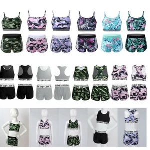 Kids Girls 2 Piece Camouflage Athletic Set Crop Top+Shorts Set Dance Activewear - Picture 1 of 54