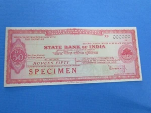 INDIA 1955 "SPECIMEN" Travellers Cheque, 50 Rupees UNC - Picture 1 of 12