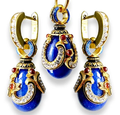 925 Серебряный синий лазурит Фаберже яйцо ювелирный набор кристаллы Swarovski подлинный гранат - Изображение 1 из 4