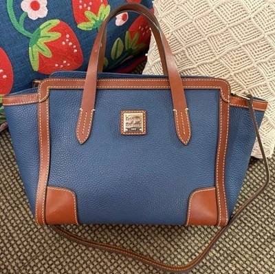 Dooney Bourke Denim Jeans Blue Pebbled Leather Shopper Tote Satchel Bag - Image 1 of 4