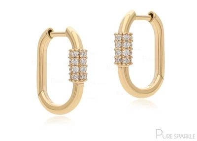 14K Gold 0.30 Ct. Lab-Created Diamond Carabiner Shape Huggie Earrings Fine Jewel - Image 1 of 4
