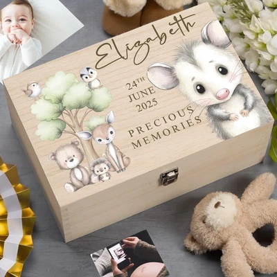 Personalised Wooden Baby Memory Keepsake Box With Woodland Animals - Image 1 of 4