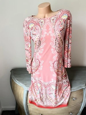 London Times Dress Womens Peach Paisley 3/4 Sleeve Jersey Stretch Shift Sz 10 - Image 1 of 4