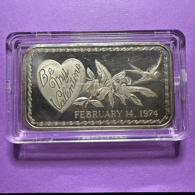 Barra de arte de plata fina .999 vintage de 1 oz 1974 “Be My Valentine” Madison Mint Foto 1 de 4
