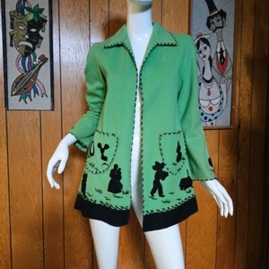 Vtg 40s Mexican Souvenir Wool Felt Sweater Jacket Applique Lime Green Coat S/M - Picture 1 of 10