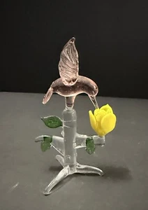 Hand Blown Miniature Art Glass Hummingbird & Yellow Flower Glass Figurine - Picture 1 of 7