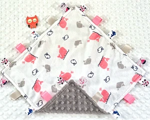 New Double Minky! Whale Minky & Gray Minky Tag Taggie Security Blanket Baby Girl - Picture 1 of 1