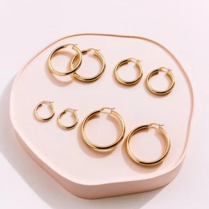 Gold Round Thin Hoop Earrings Minimalist Design Gold Jewellery For Women Gift UK - Picture 1 of 4